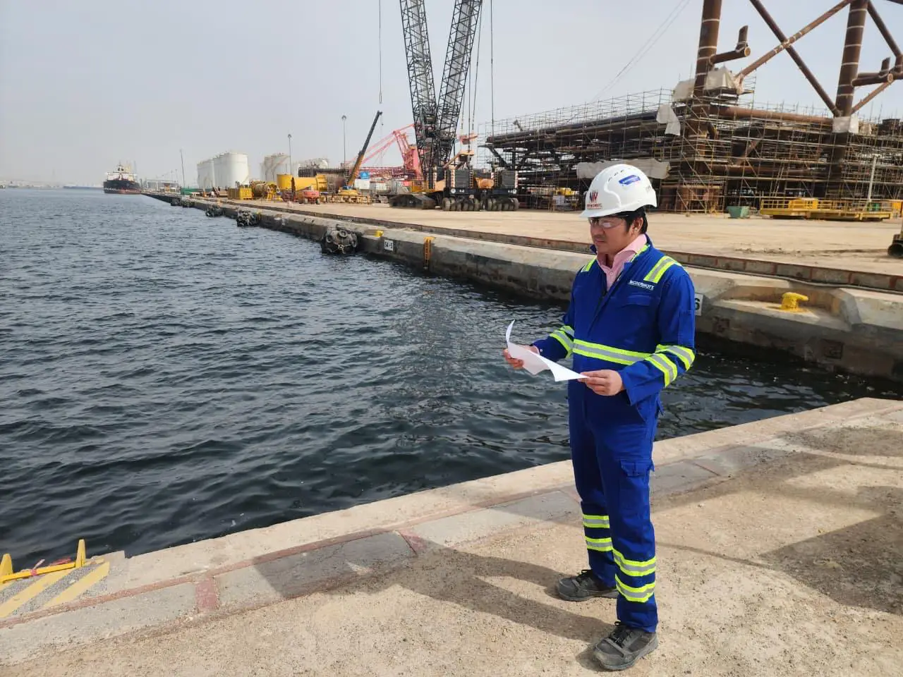 Engineer in coveralls reviewing documents at a port quay industrial site with cranes and storage tanks
